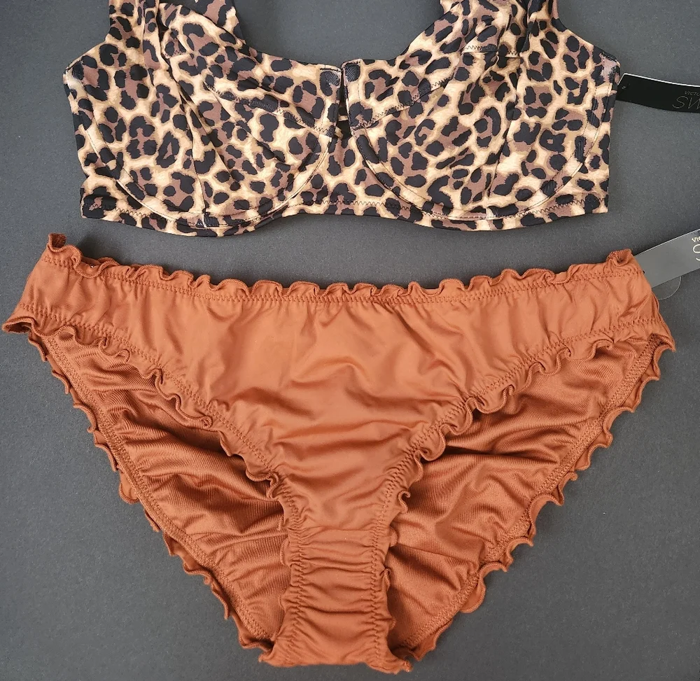34DD/M VS Swim Full Coverage Bikini Top Ruffle Cheeky Bikini Set Leopard